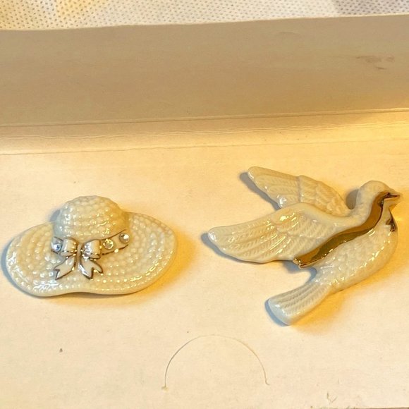 Lenox Bone China Brooches with Rhinestones and 24 KT Gold Trim - set of 2 - Picture 2 of 8